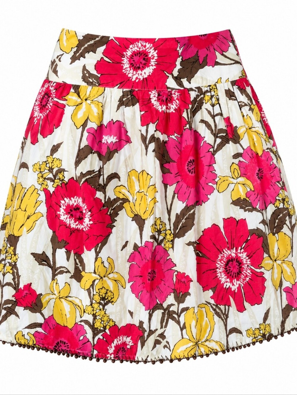 For The Republic Pink Yellow Floral Cotton Midi Skirt With Brown Pom Pom Size 6